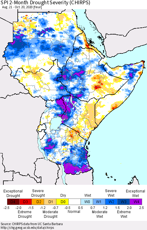 Eastern Africa SPI 2-Month Drought Severity (CHIRPS) Thematic Map For 8/21/2020 - 10/20/2020