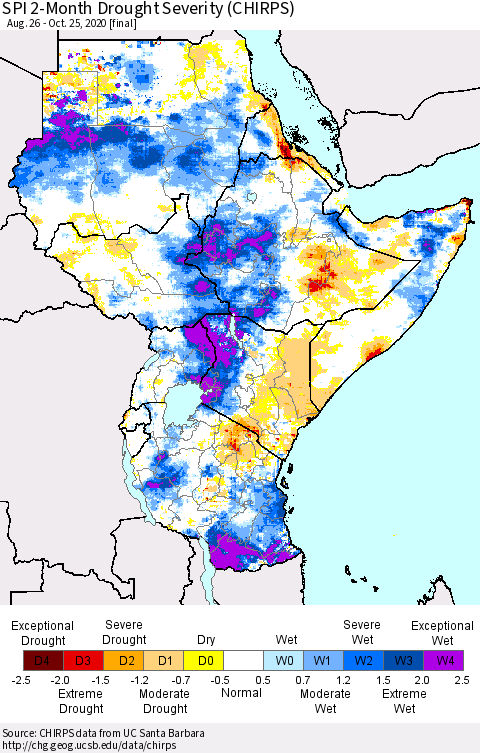 Eastern Africa SPI 2-Month Drought Severity (CHIRPS) Thematic Map For 8/26/2020 - 10/25/2020