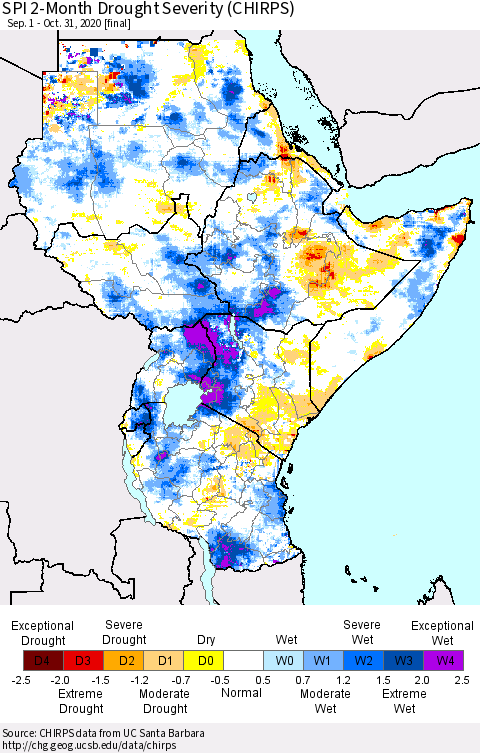 Eastern Africa SPI 2-Month Drought Severity (CHIRPS) Thematic Map For 9/1/2020 - 10/31/2020