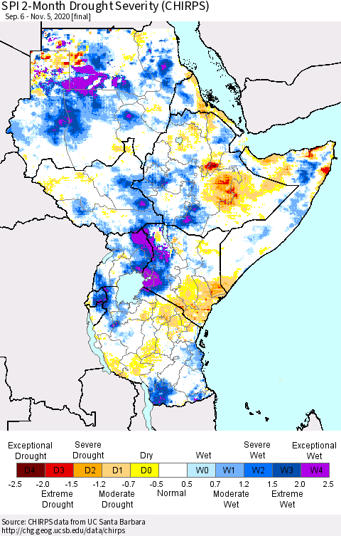 Eastern Africa SPI 2-Month Drought Severity (CHIRPS) Thematic Map For 9/6/2020 - 11/5/2020