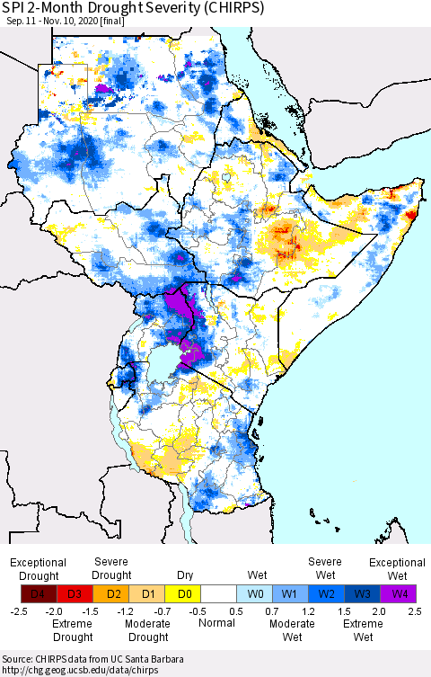 Eastern Africa SPI 2-Month Drought Severity (CHIRPS) Thematic Map For 9/11/2020 - 11/10/2020