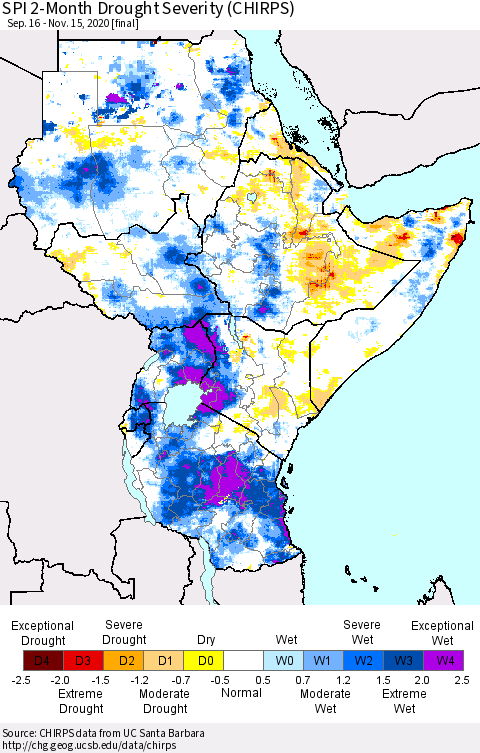 Eastern Africa SPI 2-Month Drought Severity (CHIRPS) Thematic Map For 9/16/2020 - 11/15/2020