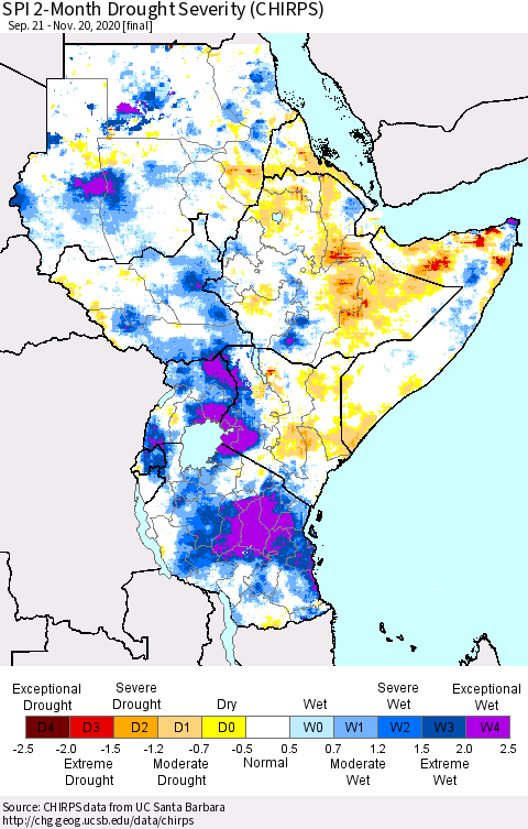 Eastern Africa SPI 2-Month Drought Severity (CHIRPS) Thematic Map For 9/21/2020 - 11/20/2020