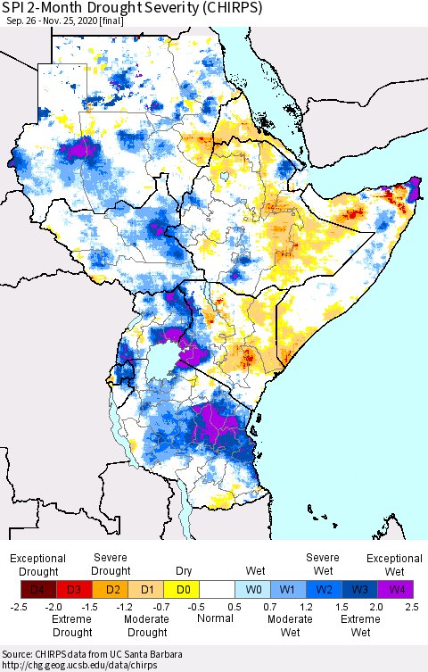 Eastern Africa SPI 2-Month Drought Severity (CHIRPS) Thematic Map For 9/26/2020 - 11/25/2020