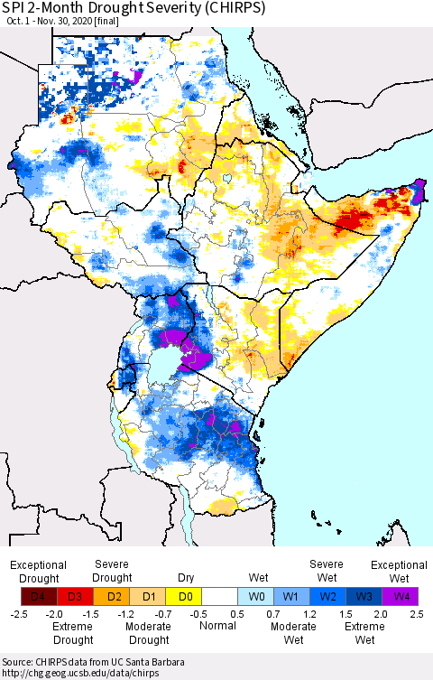 Eastern Africa SPI 2-Month Drought Severity (CHIRPS) Thematic Map For 10/1/2020 - 11/30/2020