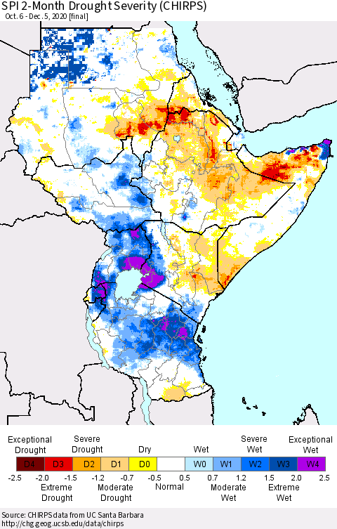 Eastern Africa SPI 2-Month Drought Severity (CHIRPS) Thematic Map For 10/6/2020 - 12/5/2020