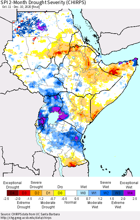 Eastern Africa SPI 2-Month Drought Severity (CHIRPS) Thematic Map For 10/11/2020 - 12/10/2020