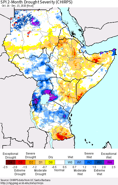 Eastern Africa SPI 2-Month Drought Severity (CHIRPS) Thematic Map For 10/16/2020 - 12/15/2020