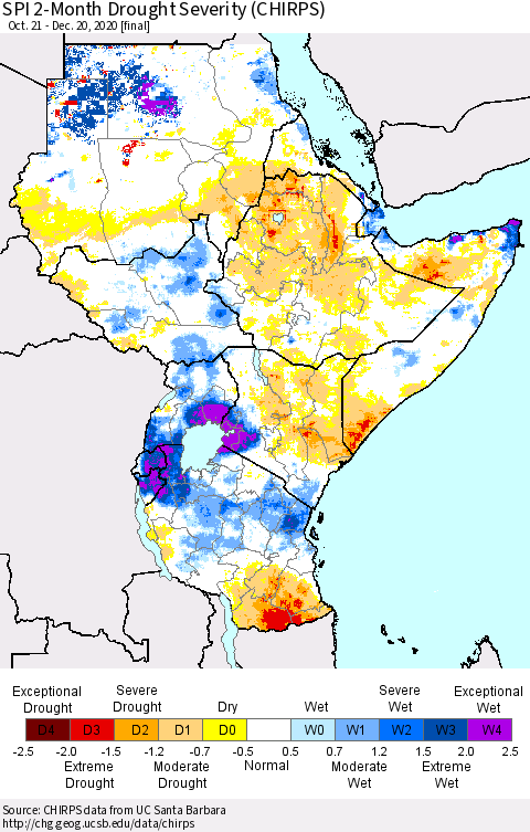 Eastern Africa SPI 2-Month Drought Severity (CHIRPS) Thematic Map For 10/21/2020 - 12/20/2020