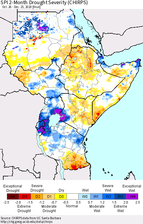 Eastern Africa SPI 2-Month Drought Severity (CHIRPS) Thematic Map For 10/26/2020 - 12/25/2020