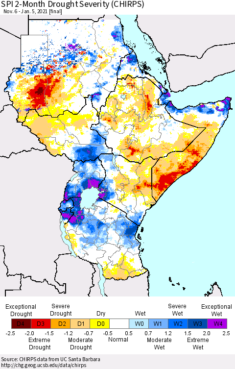 Eastern Africa SPI 2-Month Drought Severity (CHIRPS) Thematic Map For 11/6/2020 - 1/5/2021