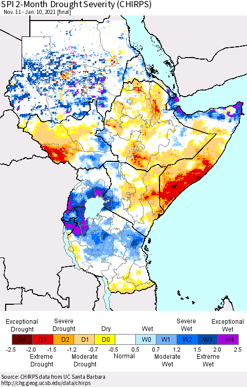 Eastern Africa SPI 2-Month Drought Severity (CHIRPS) Thematic Map For 11/11/2020 - 1/10/2021