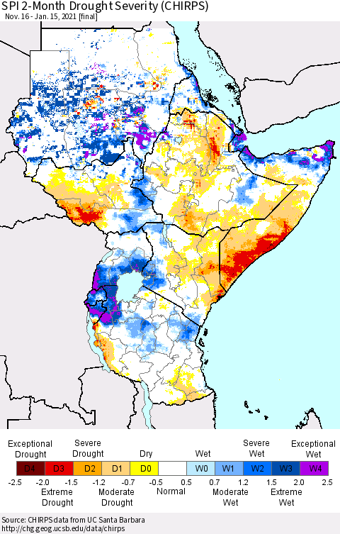 Eastern Africa SPI 2-Month Drought Severity (CHIRPS) Thematic Map For 11/16/2020 - 1/15/2021