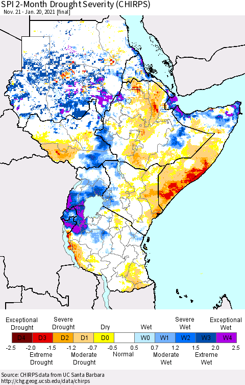 Eastern Africa SPI 2-Month Drought Severity (CHIRPS) Thematic Map For 11/21/2020 - 1/20/2021