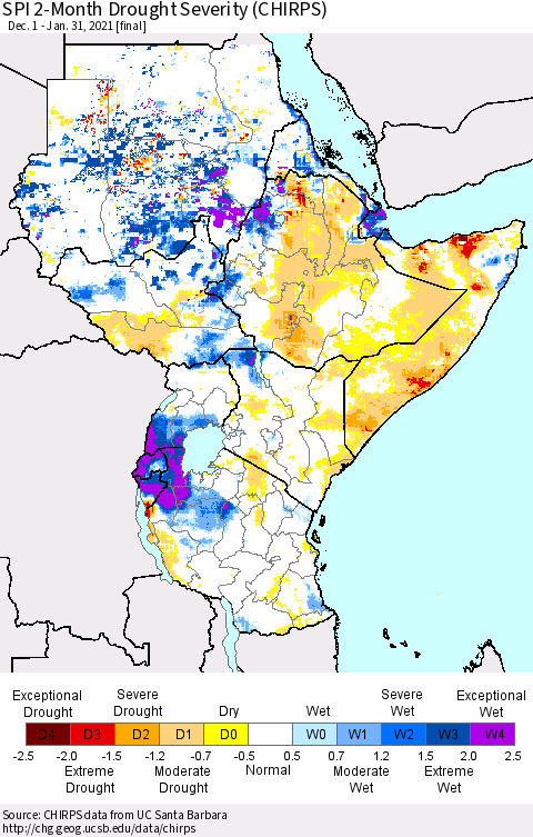 Eastern Africa SPI 2-Month Drought Severity (CHIRPS) Thematic Map For 12/1/2020 - 1/31/2021