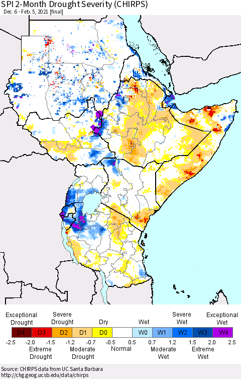 Eastern Africa SPI 2-Month Drought Severity (CHIRPS) Thematic Map For 12/6/2020 - 2/5/2021