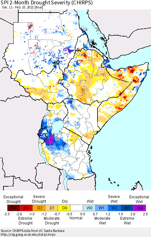 Eastern Africa SPI 2-Month Drought Severity (CHIRPS) Thematic Map For 12/11/2020 - 2/10/2021