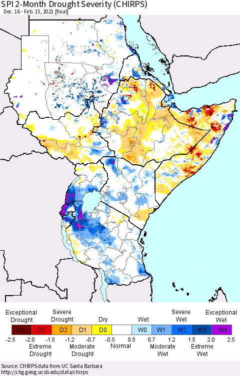 Eastern Africa SPI 2-Month Drought Severity (CHIRPS) Thematic Map For 12/16/2020 - 2/15/2021
