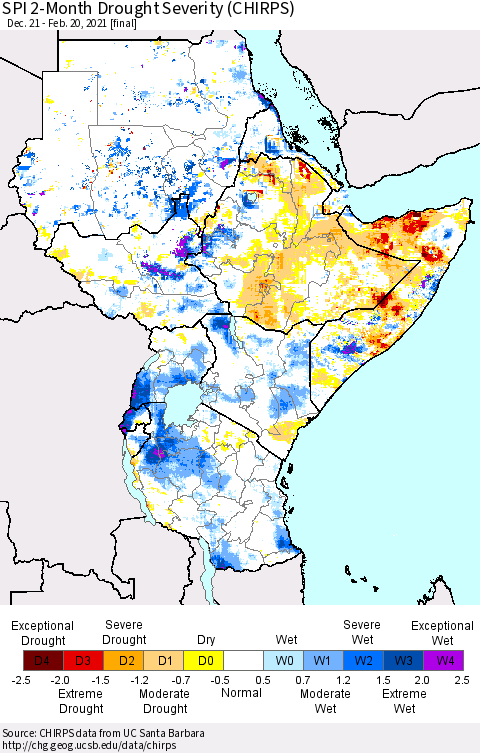 Eastern Africa SPI 2-Month Drought Severity (CHIRPS) Thematic Map For 12/21/2020 - 2/20/2021