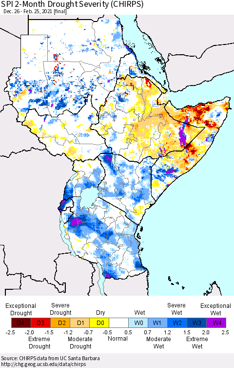 Eastern Africa SPI 2-Month Drought Severity (CHIRPS) Thematic Map For 12/26/2020 - 2/25/2021