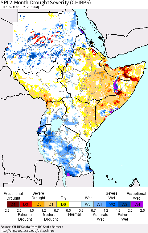 Eastern Africa SPI 2-Month Drought Severity (CHIRPS) Thematic Map For 1/6/2021 - 3/5/2021