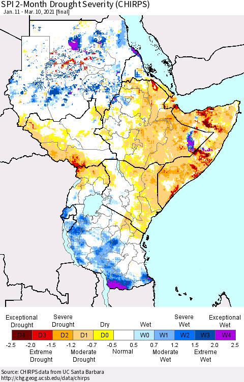 Eastern Africa SPI 2-Month Drought Severity (CHIRPS) Thematic Map For 1/11/2021 - 3/10/2021