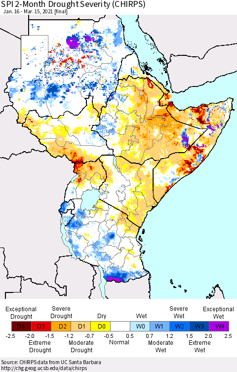 Eastern Africa SPI 2-Month Drought Severity (CHIRPS) Thematic Map For 1/16/2021 - 3/15/2021