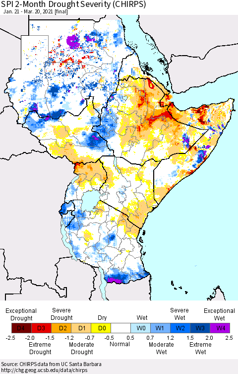 Eastern Africa SPI 2-Month Drought Severity (CHIRPS) Thematic Map For 1/21/2021 - 3/20/2021