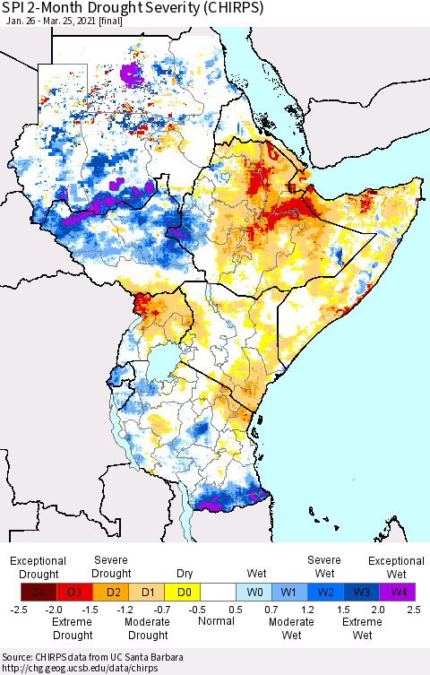 Eastern Africa SPI 2-Month Drought Severity (CHIRPS) Thematic Map For 1/26/2021 - 3/25/2021
