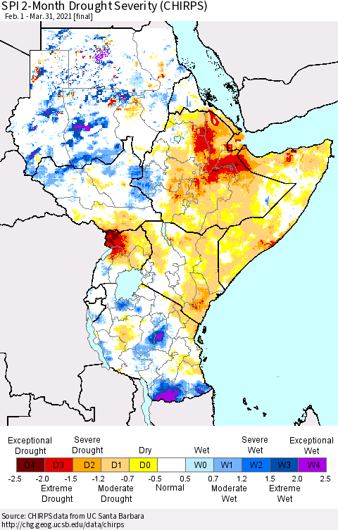 Eastern Africa SPI 2-Month Drought Severity (CHIRPS) Thematic Map For 2/1/2021 - 3/31/2021