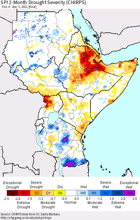 Eastern Africa SPI 2-Month Drought Severity (CHIRPS) Thematic Map For 2/6/2021 - 4/5/2021
