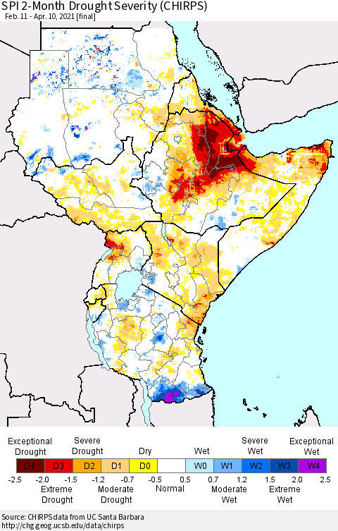 Eastern Africa SPI 2-Month Drought Severity (CHIRPS) Thematic Map For 2/11/2021 - 4/10/2021
