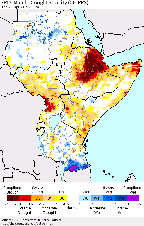 Eastern Africa SPI 2-Month Drought Severity (CHIRPS) Thematic Map For 2/21/2021 - 4/20/2021