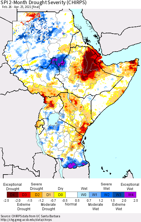 Eastern Africa SPI 2-Month Drought Severity (CHIRPS) Thematic Map For 2/26/2021 - 4/25/2021