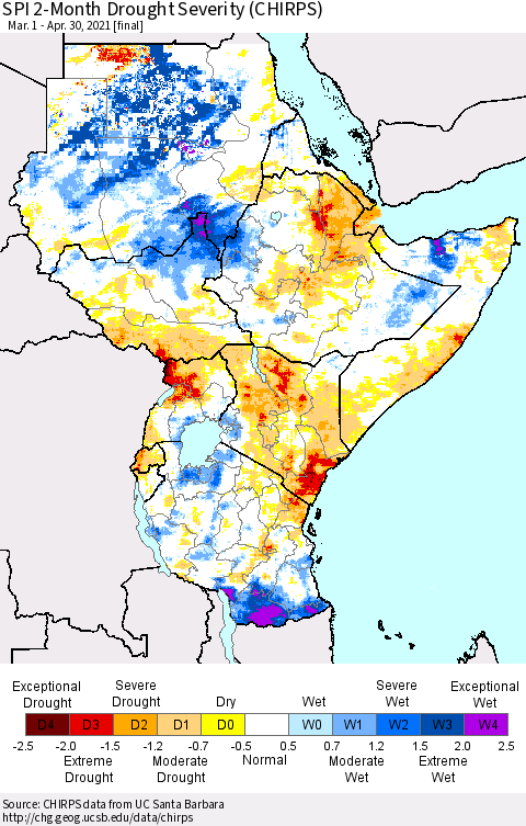 Eastern Africa SPI 2-Month Drought Severity (CHIRPS) Thematic Map For 3/1/2021 - 4/30/2021