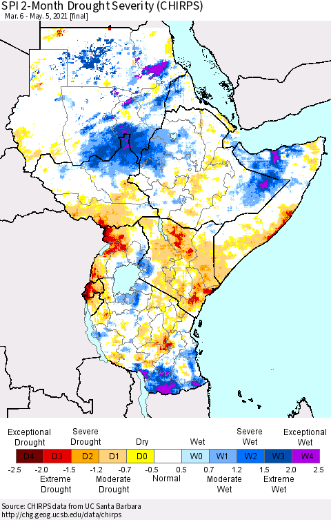 Eastern Africa SPI 2-Month Drought Severity (CHIRPS) Thematic Map For 3/6/2021 - 5/5/2021