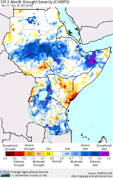 Eastern Africa SPI 2-Month Drought Severity (CHIRPS) Thematic Map For 3/21/2021 - 5/20/2021