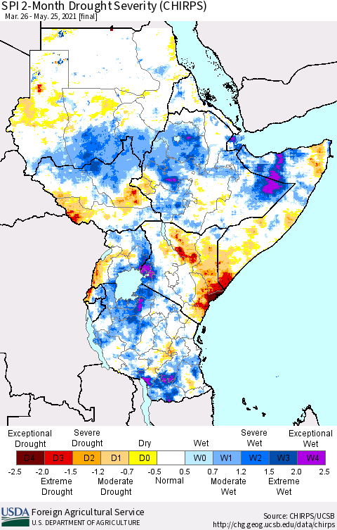 Eastern Africa SPI 2-Month Drought Severity (CHIRPS) Thematic Map For 3/26/2021 - 5/25/2021