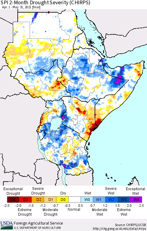 Eastern Africa SPI 2-Month Drought Severity (CHIRPS) Thematic Map For 4/1/2021 - 5/31/2021