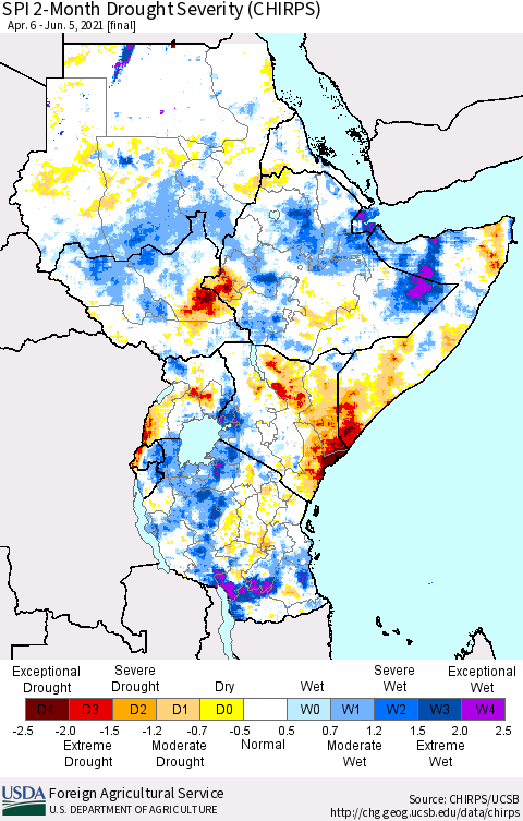 Eastern Africa SPI 2-Month Drought Severity (CHIRPS) Thematic Map For 4/6/2021 - 6/5/2021