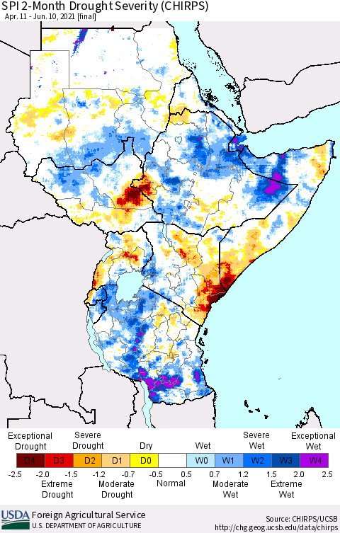 Eastern Africa SPI 2-Month Drought Severity (CHIRPS) Thematic Map For 4/11/2021 - 6/10/2021
