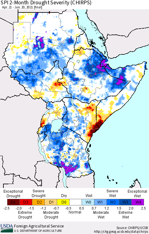 Eastern Africa SPI 2-Month Drought Severity (CHIRPS) Thematic Map For 4/21/2021 - 6/20/2021