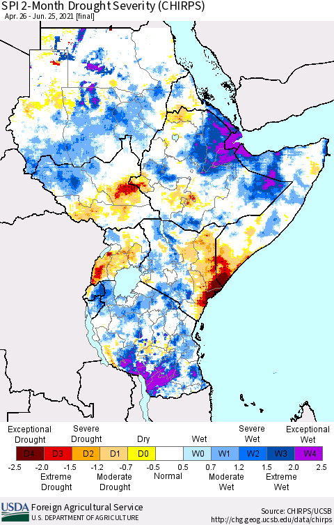 Eastern Africa SPI 2-Month Drought Severity (CHIRPS) Thematic Map For 4/26/2021 - 6/25/2021