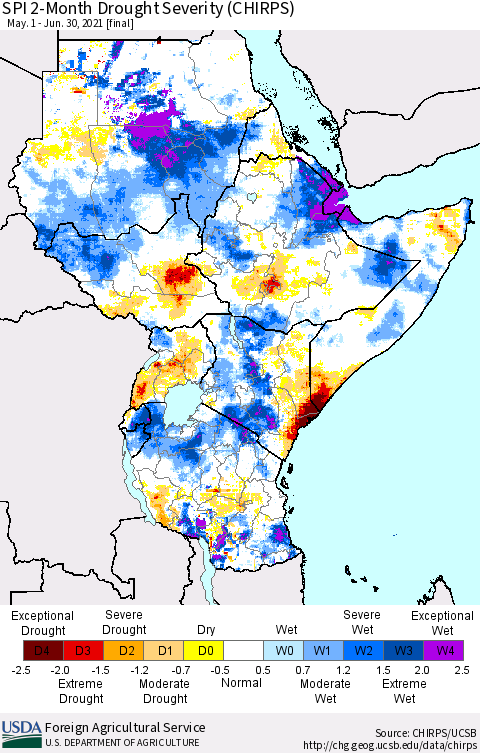 Eastern Africa SPI 2-Month Drought Severity (CHIRPS) Thematic Map For 5/1/2021 - 6/30/2021