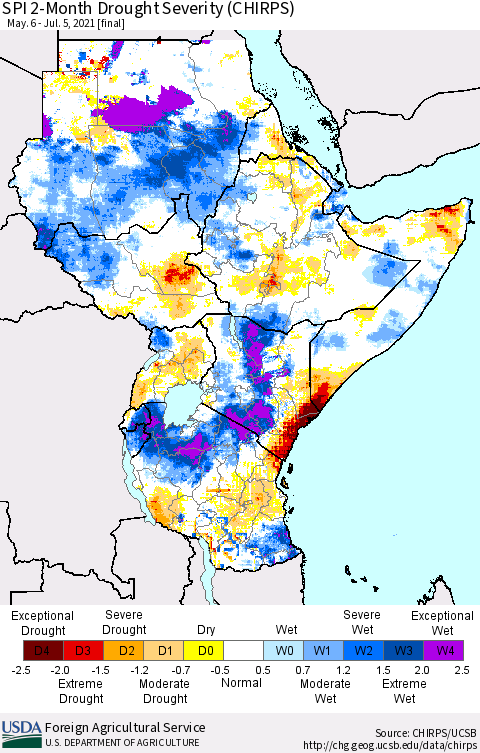 Eastern Africa SPI 2-Month Drought Severity (CHIRPS) Thematic Map For 5/6/2021 - 7/5/2021