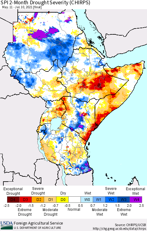 Eastern Africa SPI 2-Month Drought Severity (CHIRPS) Thematic Map For 5/11/2021 - 7/10/2021
