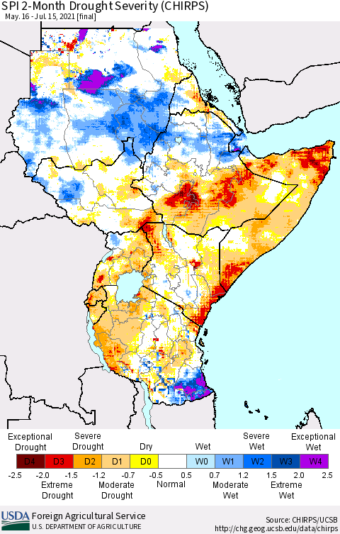 Eastern Africa SPI 2-Month Drought Severity (CHIRPS) Thematic Map For 5/16/2021 - 7/15/2021