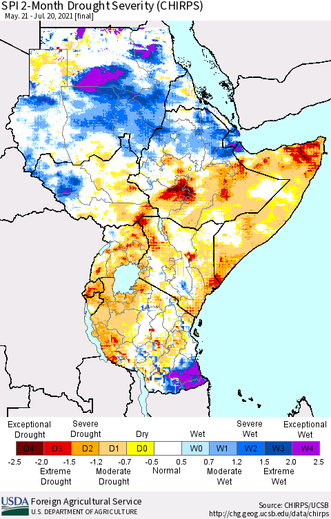 Eastern Africa SPI 2-Month Drought Severity (CHIRPS) Thematic Map For 5/21/2021 - 7/20/2021