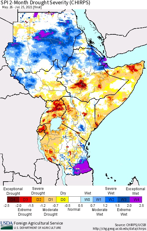 Eastern Africa SPI 2-Month Drought Severity (CHIRPS) Thematic Map For 5/26/2021 - 7/25/2021