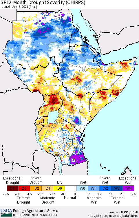 Eastern Africa SPI 2-Month Drought Severity (CHIRPS) Thematic Map For 6/6/2021 - 8/5/2021